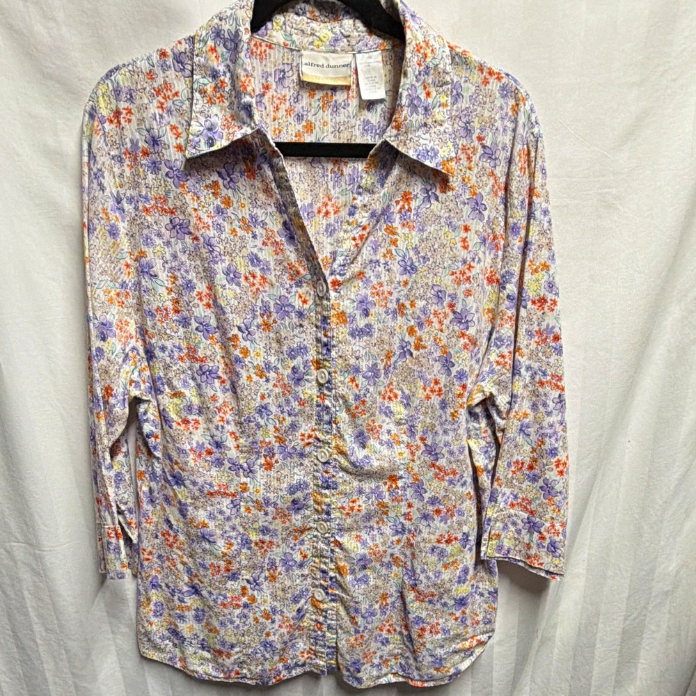 Alfred Dunner Women 18W Floral Multicolor Woven Cotton Button Front Blouse